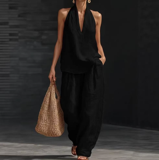 V NeckHalter Tops and Pants Set