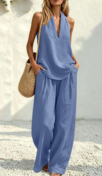 V NeckHalter Tops and Pants Set