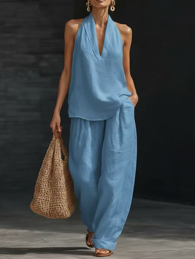V NeckHalter Tops and Pants Set
