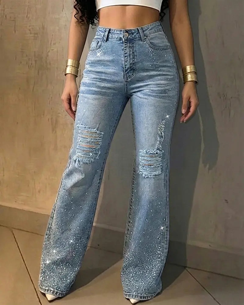 Women's Rhinestone High-Waisted Flare Jeans Light Blue