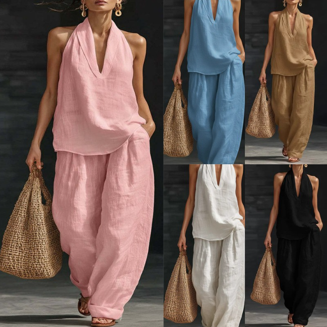 V NeckHalter Tops and Pants Set