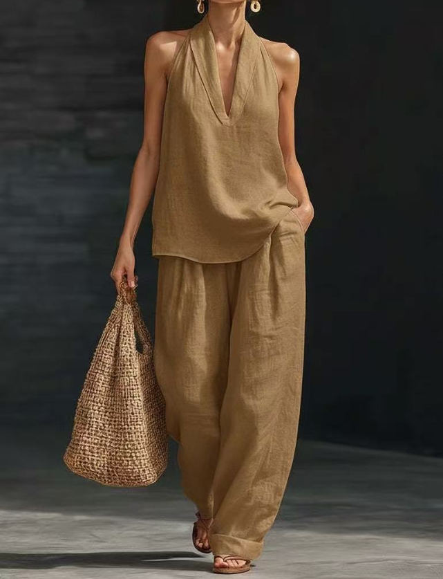 V NeckHalter Tops and Pants Set