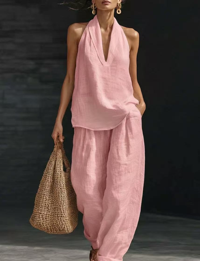 V NeckHalter Tops and Pants Set