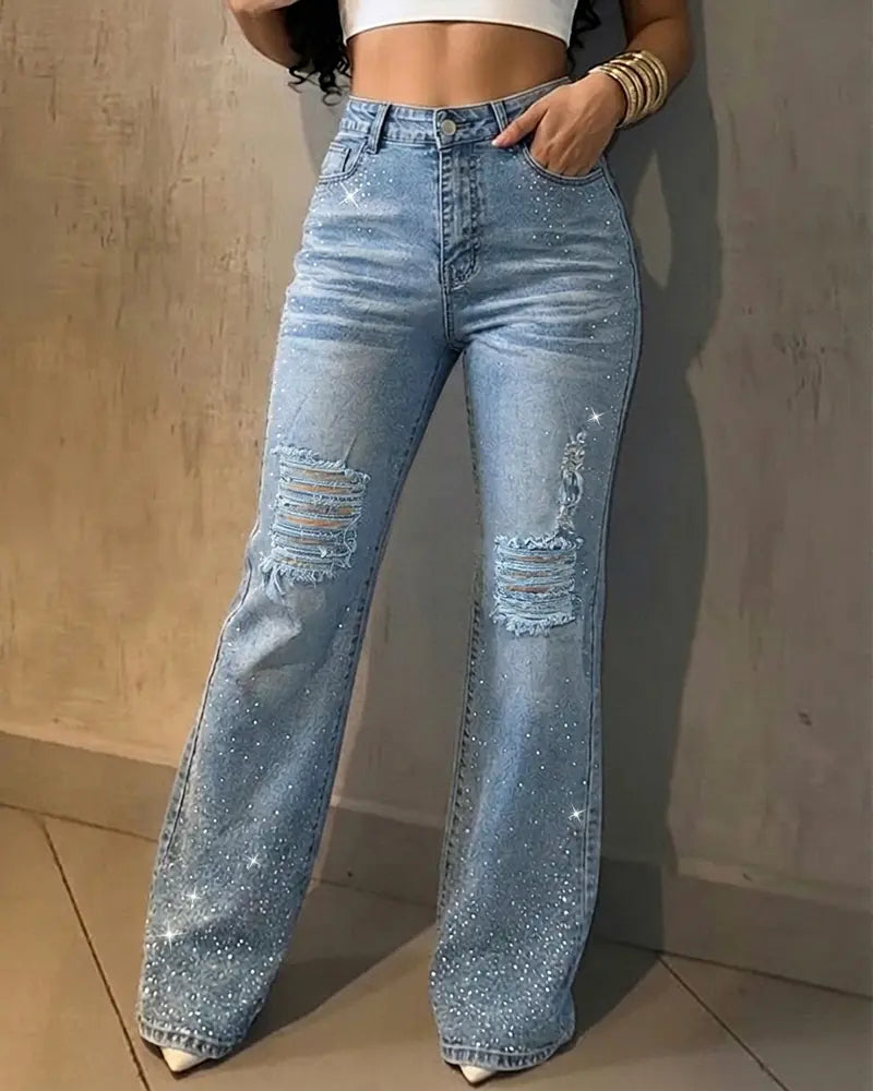 Women's Rhinestone High-Waisted Flare Jeans Light Blue