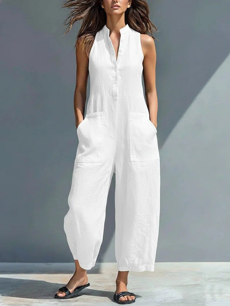Black Minimalist Faux Linen Button-down Collar Sleeveless Loose-fitting Jumpsuit