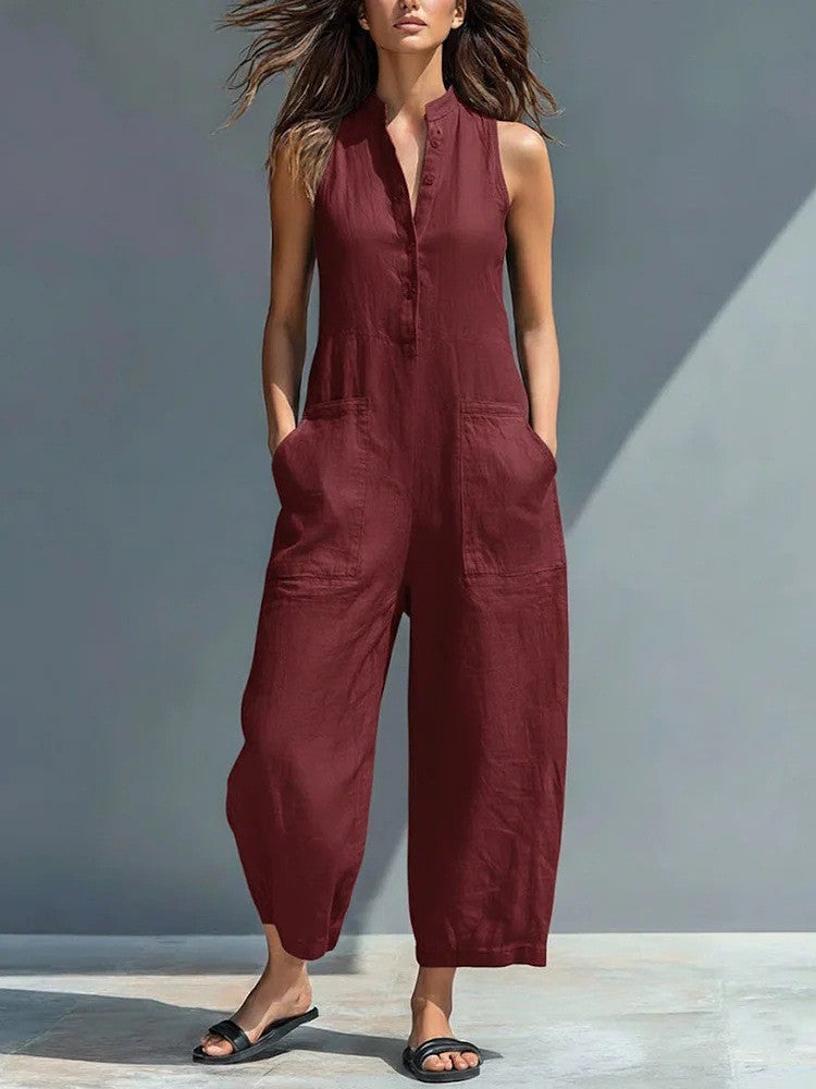 Black Minimalist Faux Linen Button-down Collar Sleeveless Loose-fitting Jumpsuit