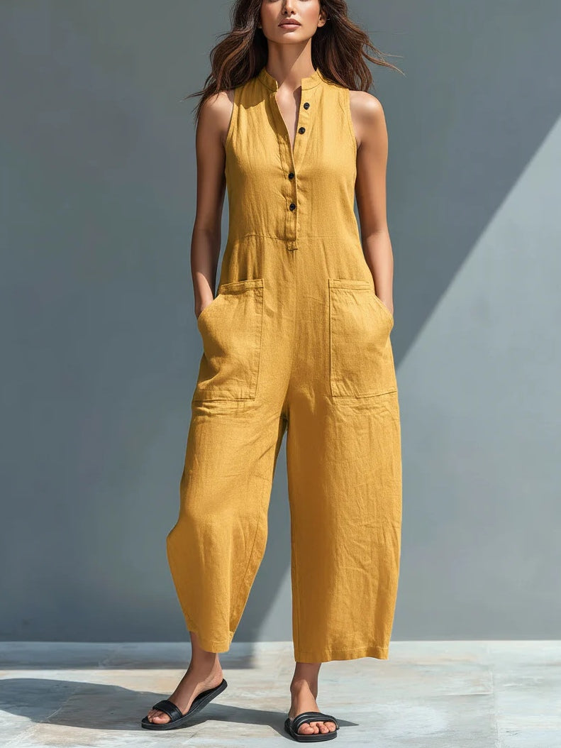 Black Minimalist Faux Linen Button-down Collar Sleeveless Loose-fitting Jumpsuit